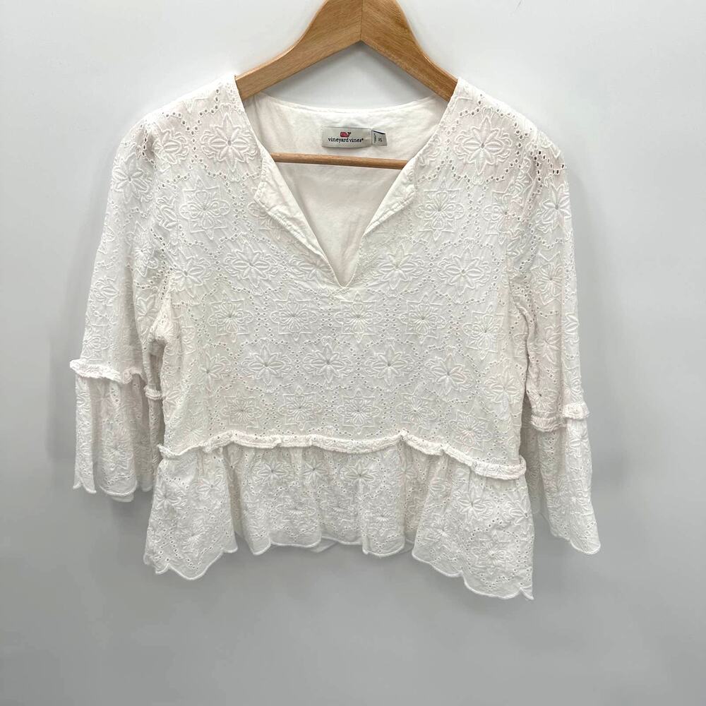 VINEYARD VINES 3/4 Sleeve White Island Eyelet Top Blouse // XS